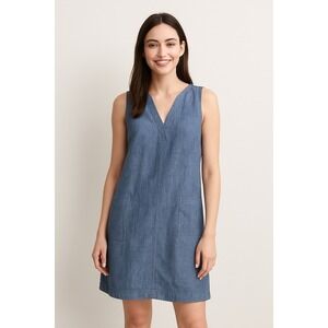 Loft 100% Linen Sleeveless Shift Dress Blue Chambray V-Neck Pockets Sz 8 Womens